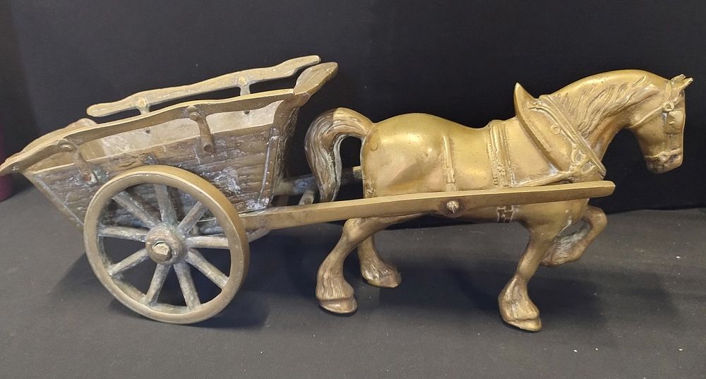 Lot 437: Vintage solid brass horse and cart. Measures approx...