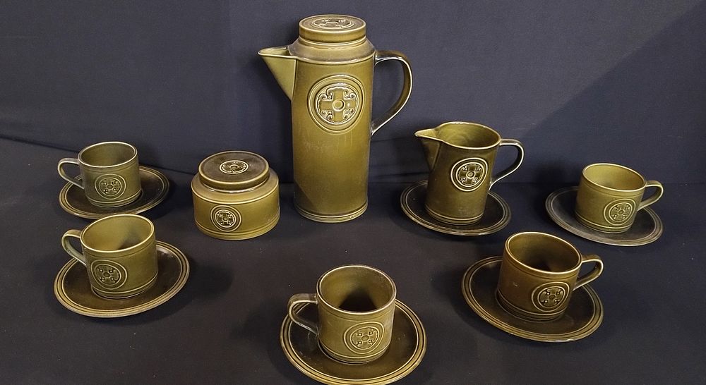 Lot 169: Crown Clarence Ironstone. Coffee set including sugar dish...