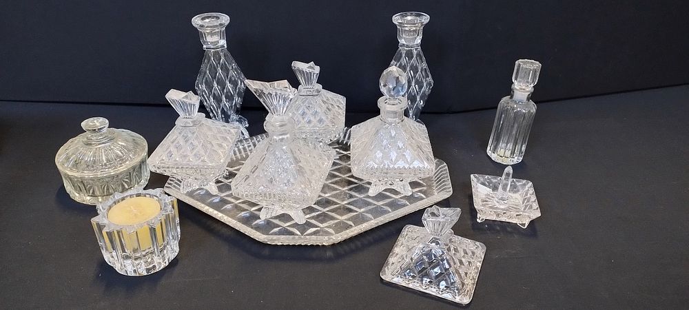 Lot 191: Cut glass dressing table set, and other glass...