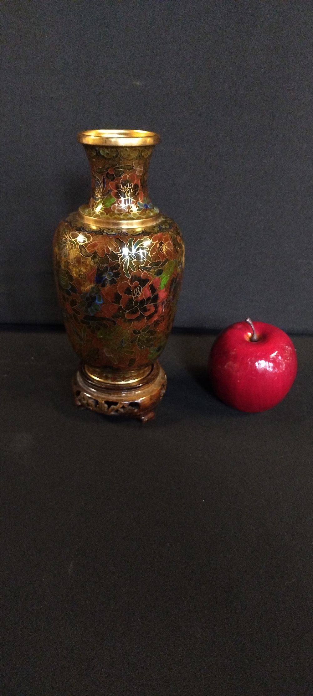 Lot 285: Oriental cloisonne decoration vase On a wooden base....