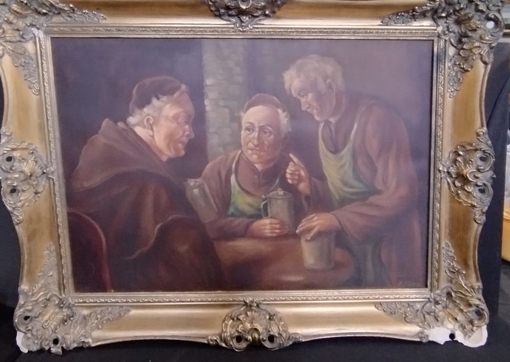 Lot 289: Large Oil painting of monks drinking by H.Topman....