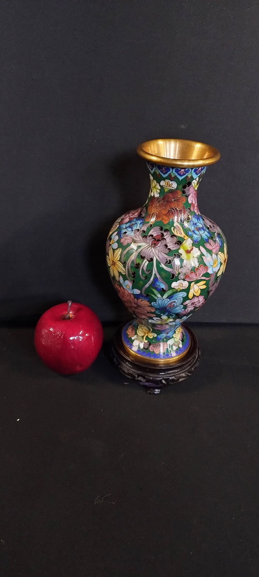 Lot 293: Oriental cloisonne decoration style brass vase on wooden...