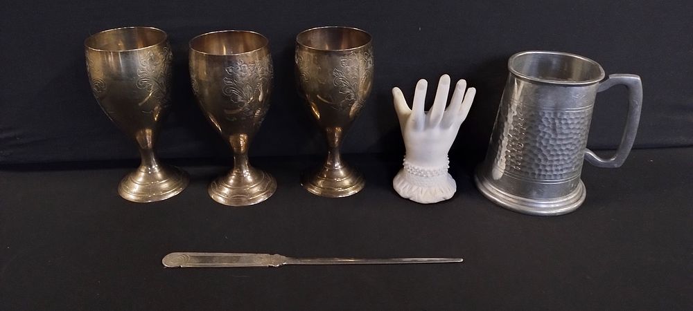 Lot 300: Selection of silver plated goblets , pewter tankard,...