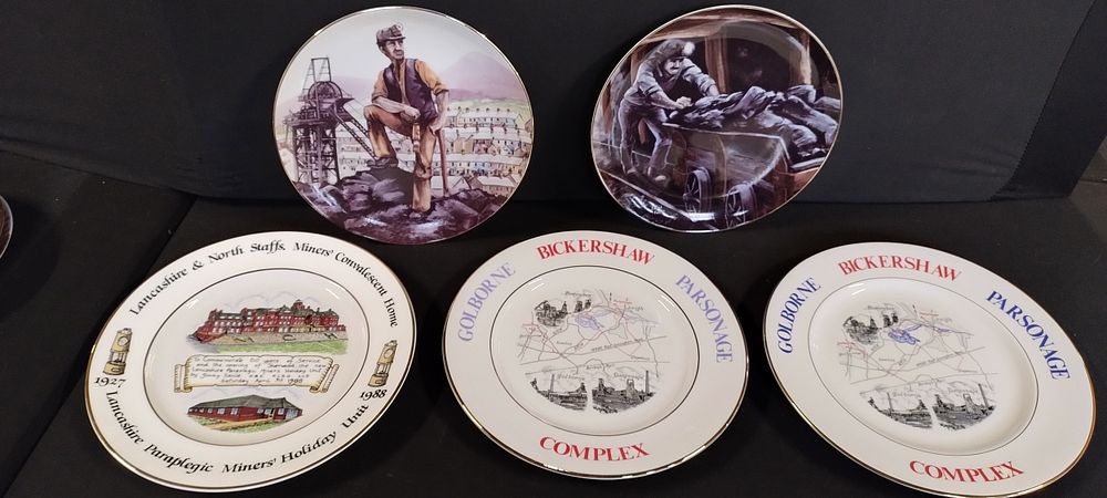 Lot 357: 5 x commemorative miners plates, Saxony, Edwardian Bickershaw....