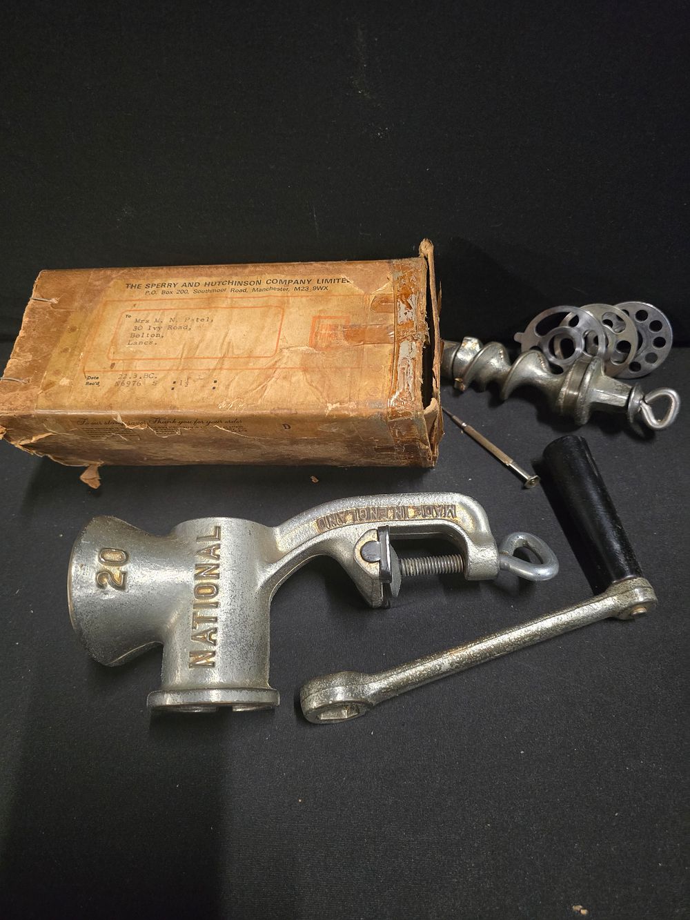 Lot 506: Vintage steel table mincer and accessories