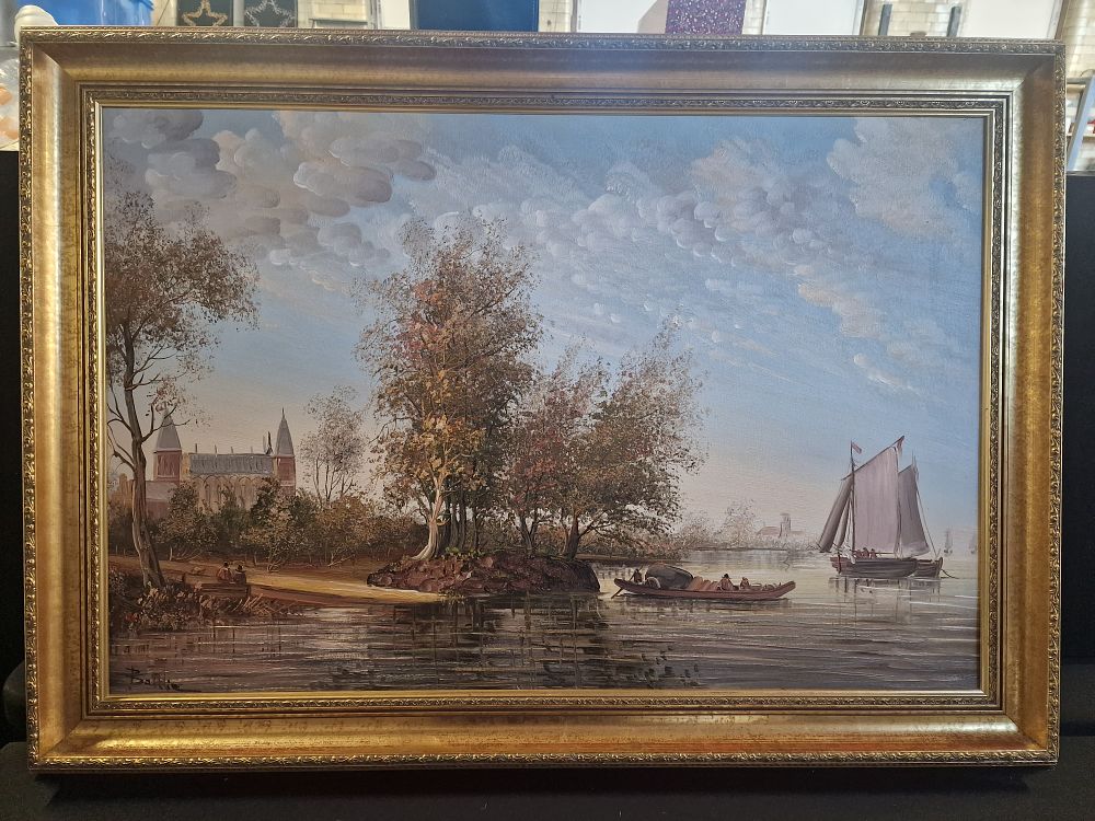 Lot 87: Oil on canvas Painting of a river scene by Baillie. in a gold gilt frame. Measures approx H 75.5 x W 106
