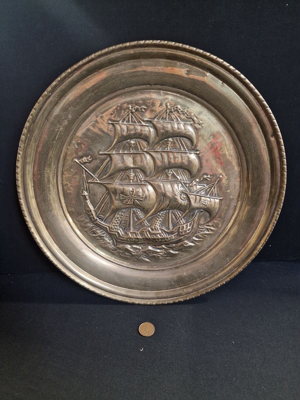 Lot 160: Brass Plate with Ship Emblem Approx 42cm
