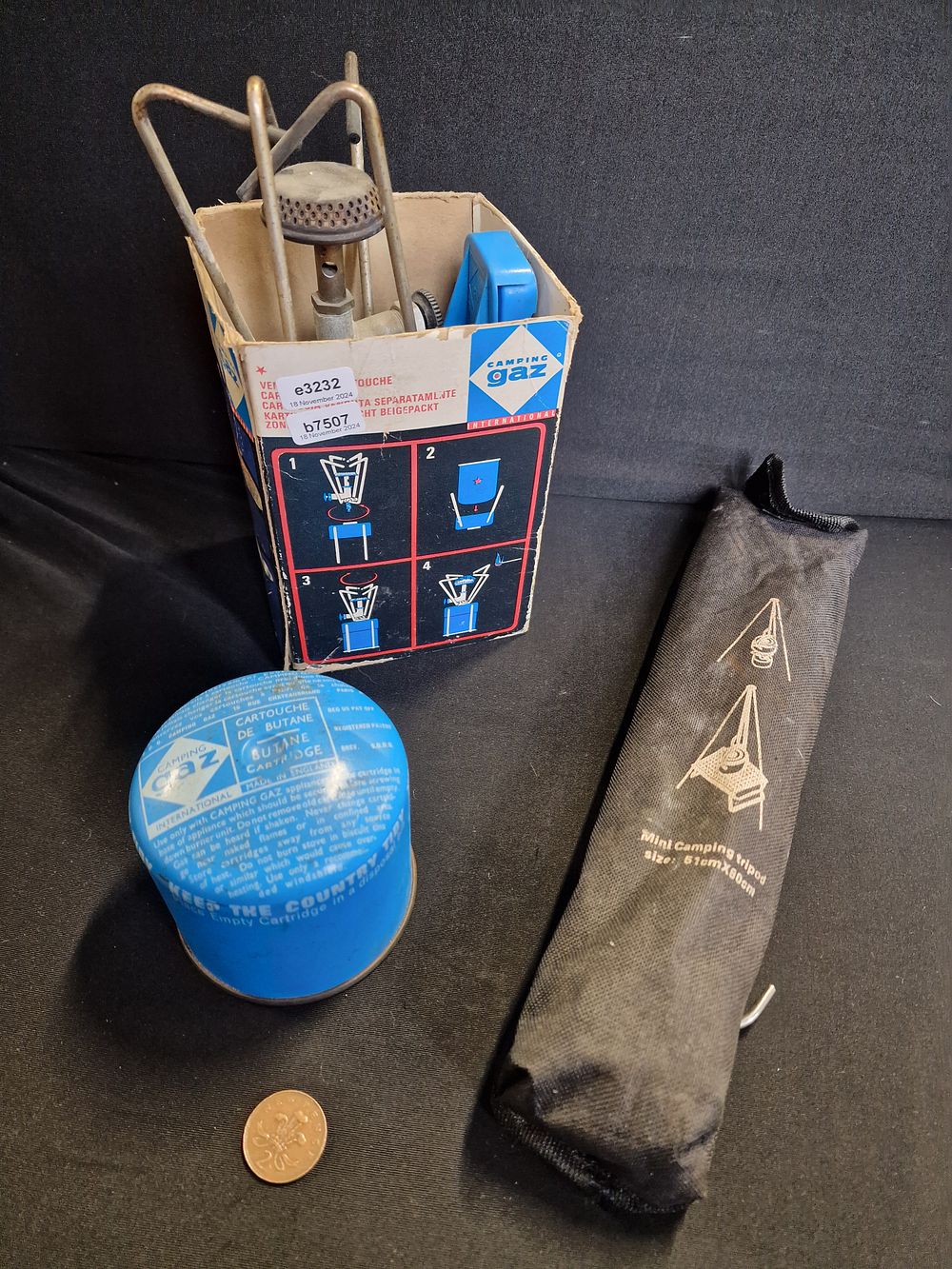 Lot 328: Camping Gaz Stove, Camping Tripod and Extra Gas Cylinder COLLECTION ONLY