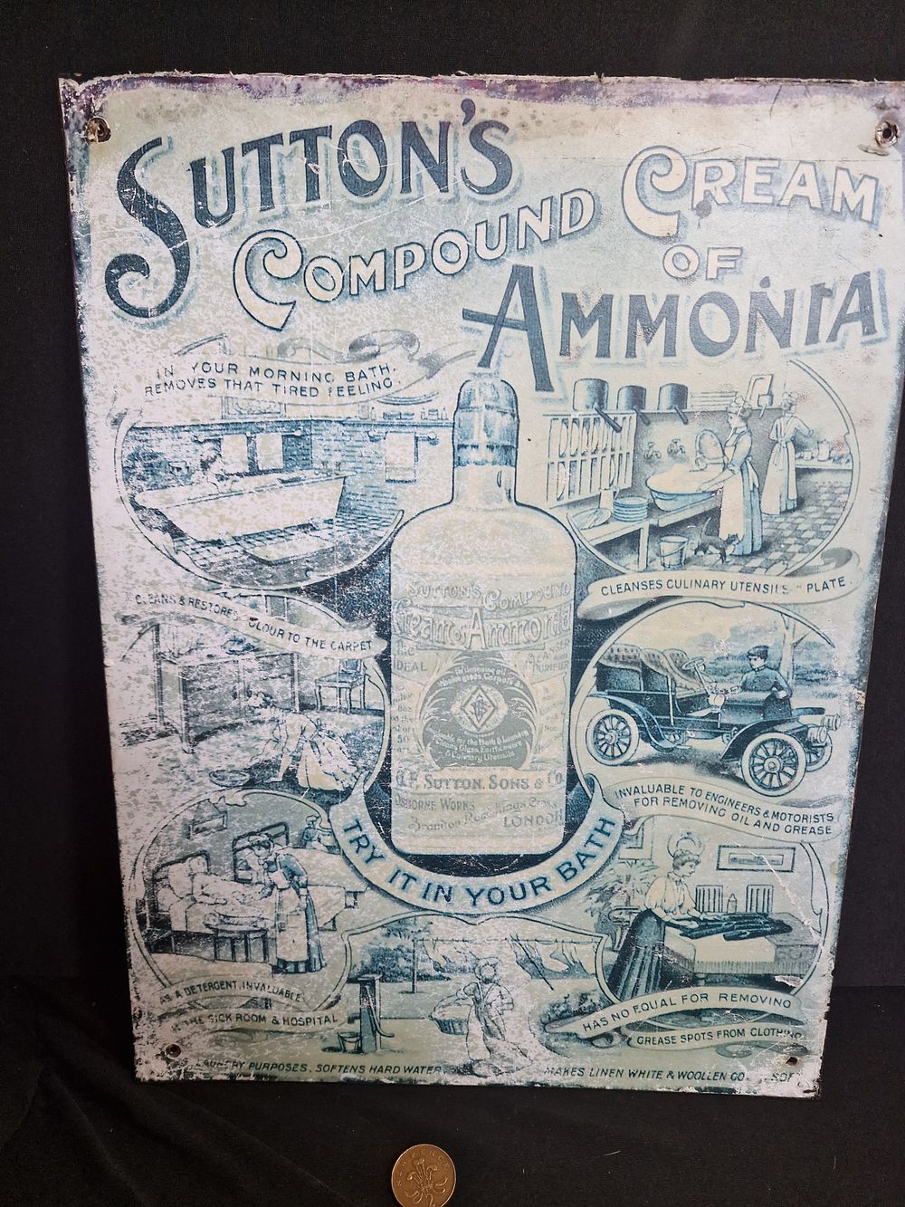 Lot 336: Vintage Suttons Compound Cream of Ammonia Replica Tin Sign. 40x30cm