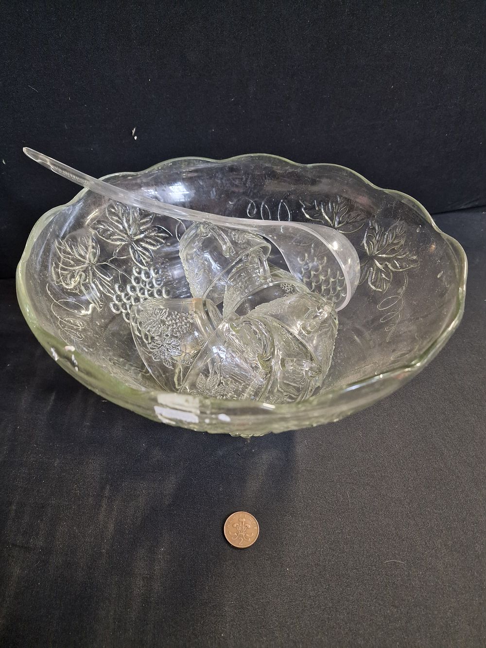 Lot 291: Vintage Glass Punch Bowl and 6 Glasses with Plastic Ladel COLLECTION ONLY