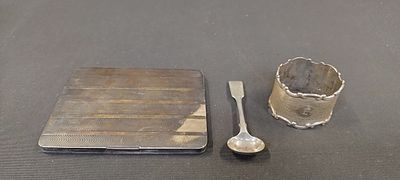 3 antique sterling silver Items. A 1916 engine turned cigarette holder, Birmingham 1818 mustard 