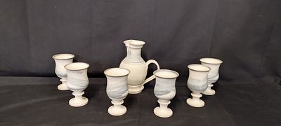 Ingleton pottery 6 goblet wine set, i. Light glaze with serving jug