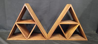 Two triangular display shelving units. Measure approx H 34.5 x W 39 x D 13 cm