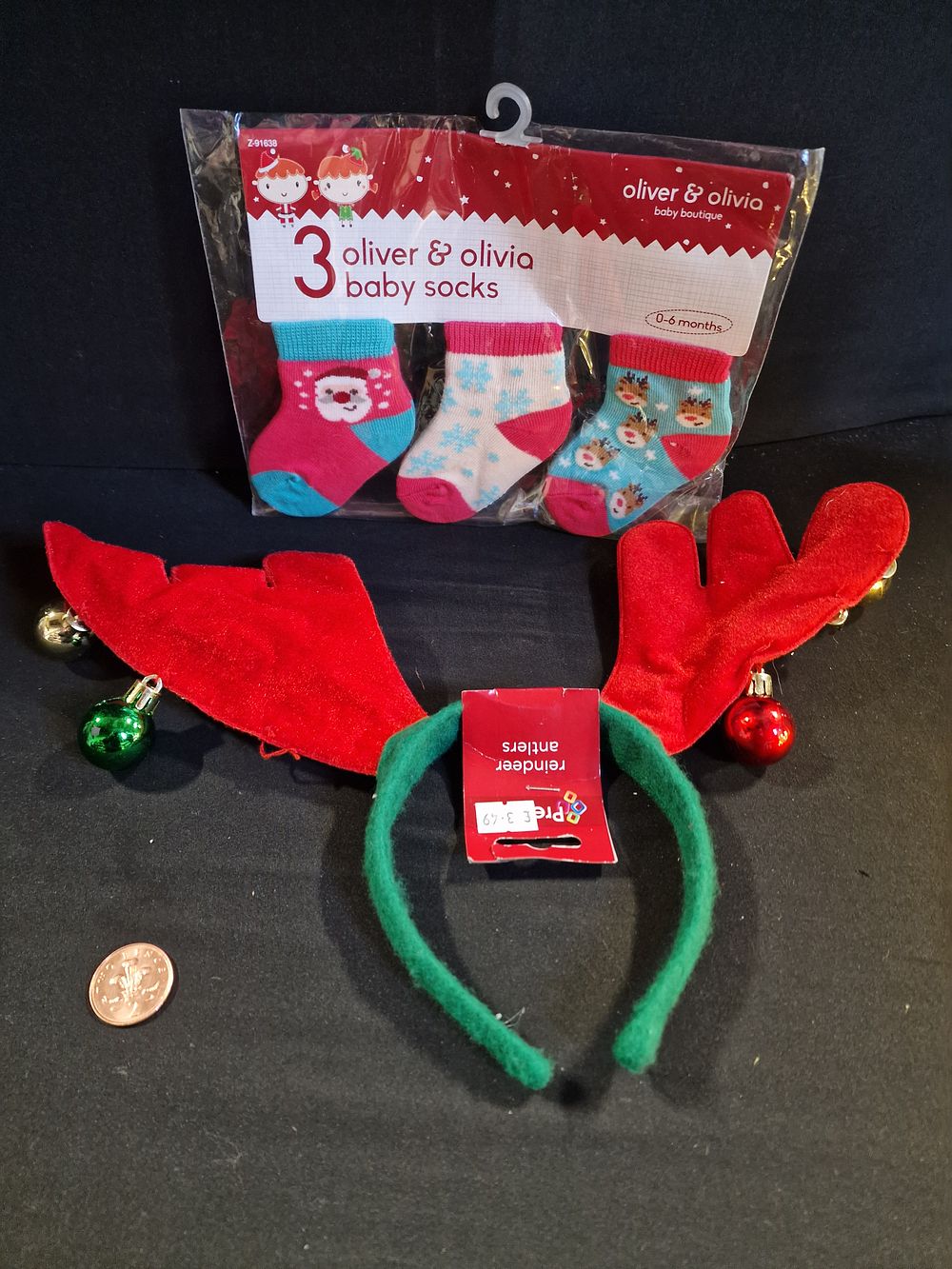 Lot 272: Christmas Items Inc Reindeer Antlers and Baby Socks