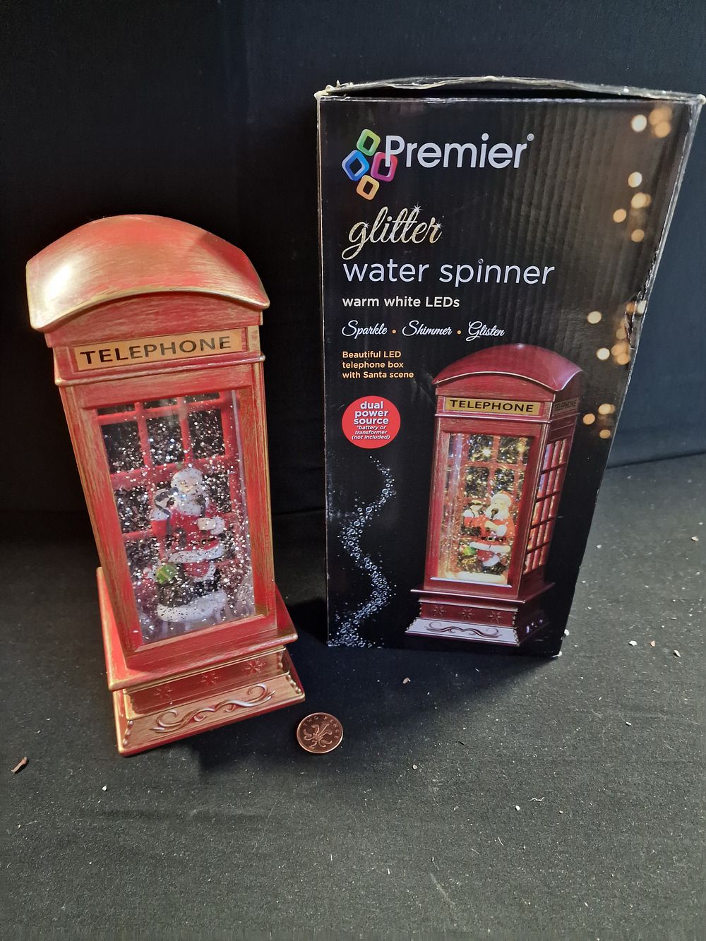 Lot 300: Beautiful LED Telephone Box with Santa Scene Water Spinner Faulty Not Lighting Up
