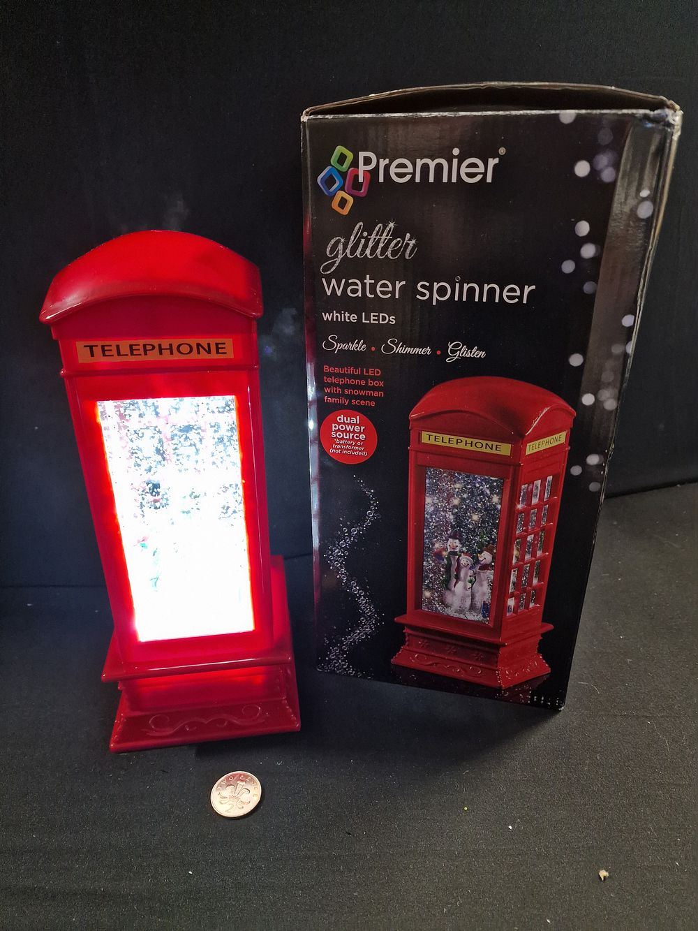 Lot 307: Beautiful LED Telephone Box with Snowman Family Scene Water Spinner