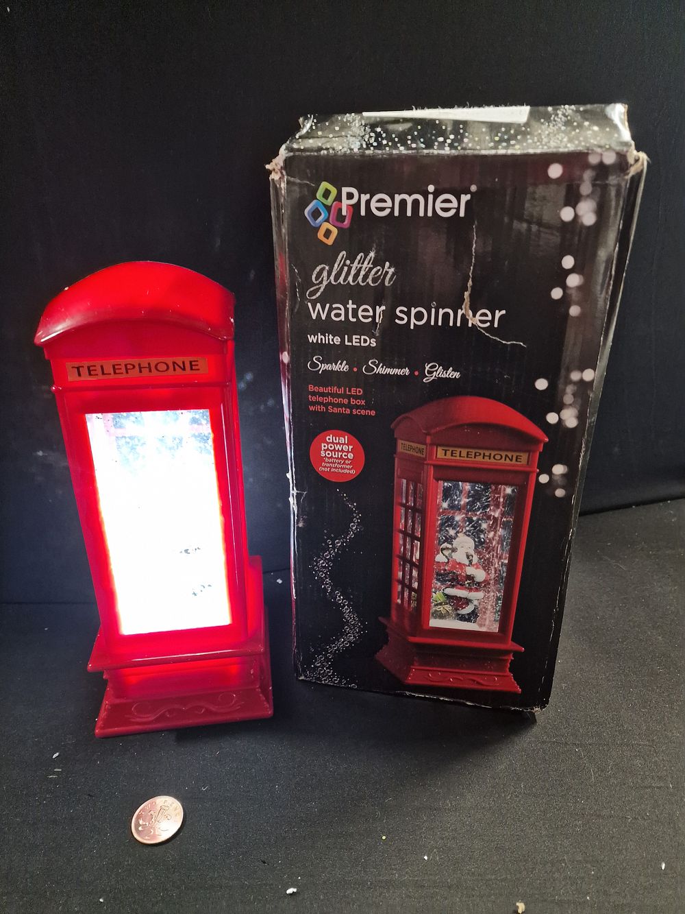 Lot 308: Beautiful LED Telephone Box with Santa Scene Water Spinner