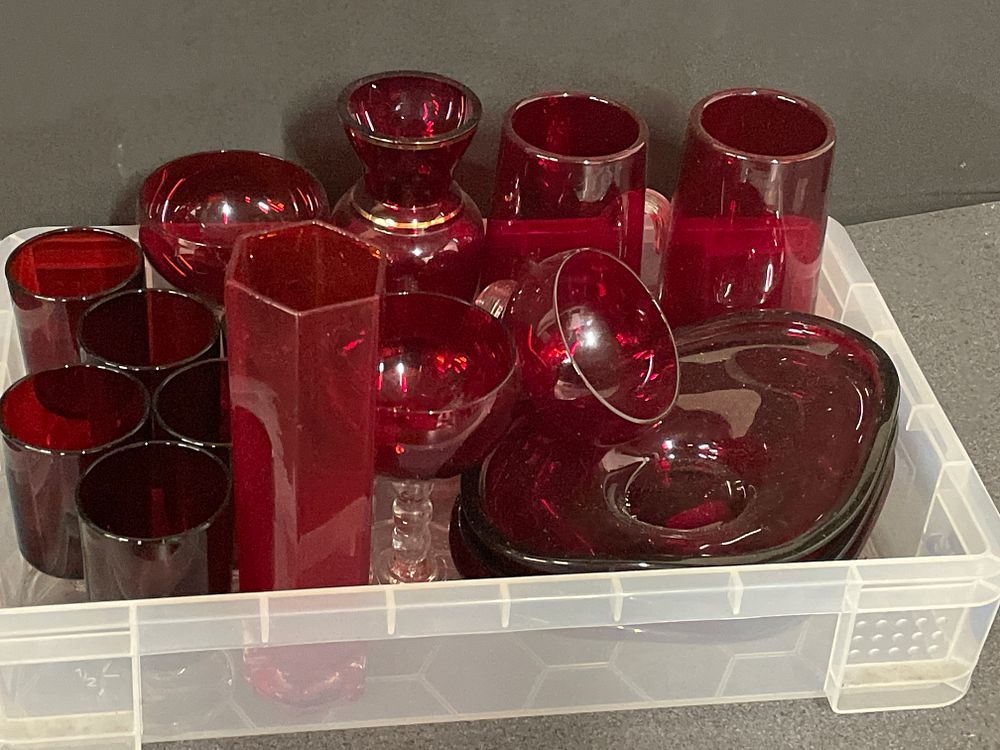 Lot 239: Large selection of cranberry glass items