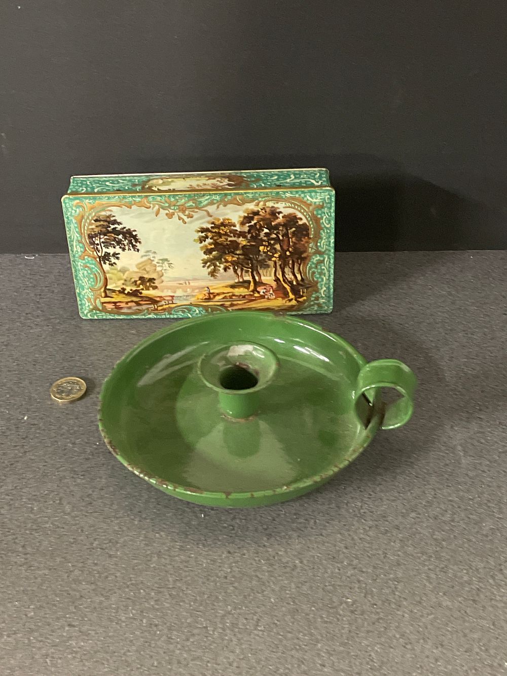 Lot 261: Vintage enamel chamber stick and tin
