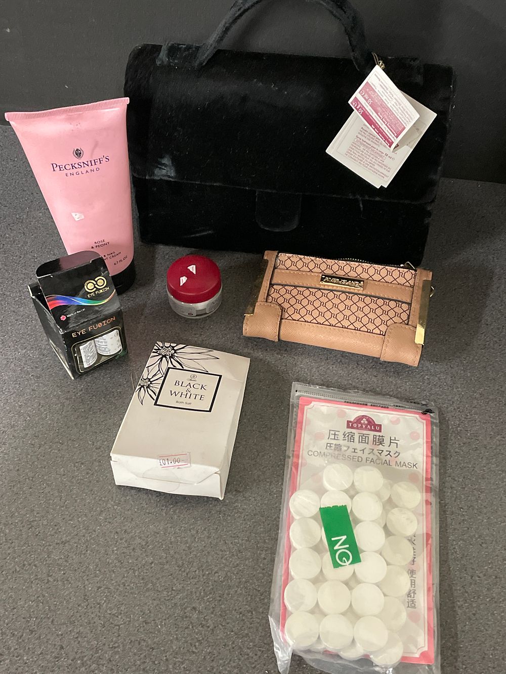 Lot 268: Black velvet bag, river island purse and some cosmetics