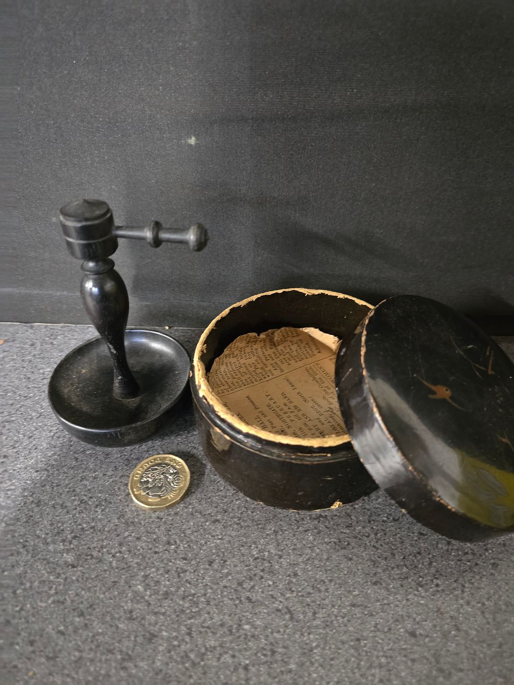 Lot 328: Vintage ebony ring stand and vintage paper mache  trinket box