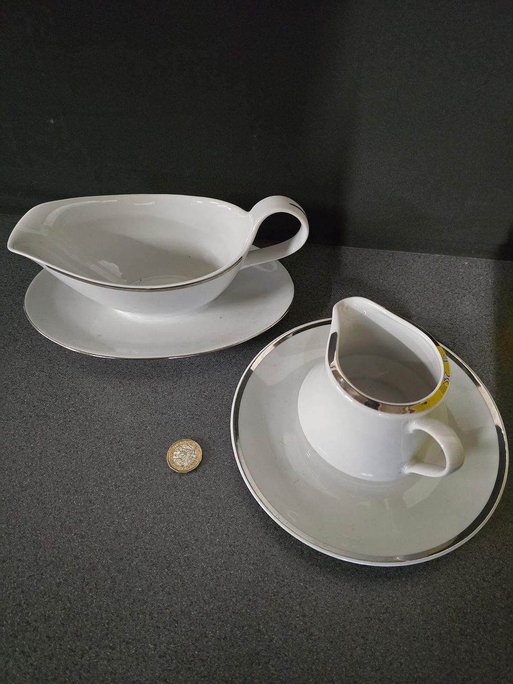 Lot 329: White with silver detail Creamer and gravy boat