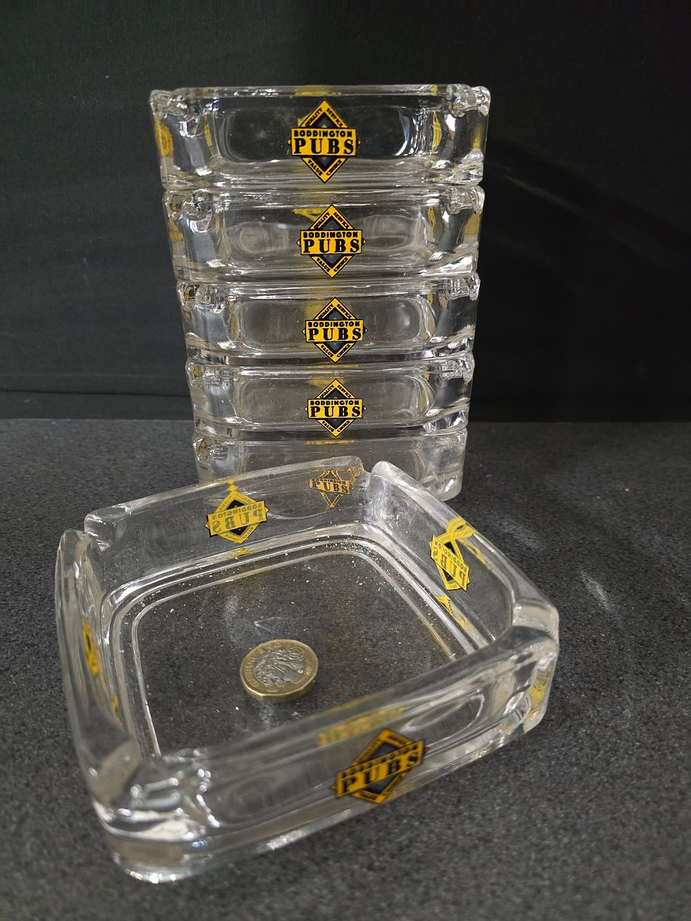Lot 345: 6 Boddingtons square glass ashtrays