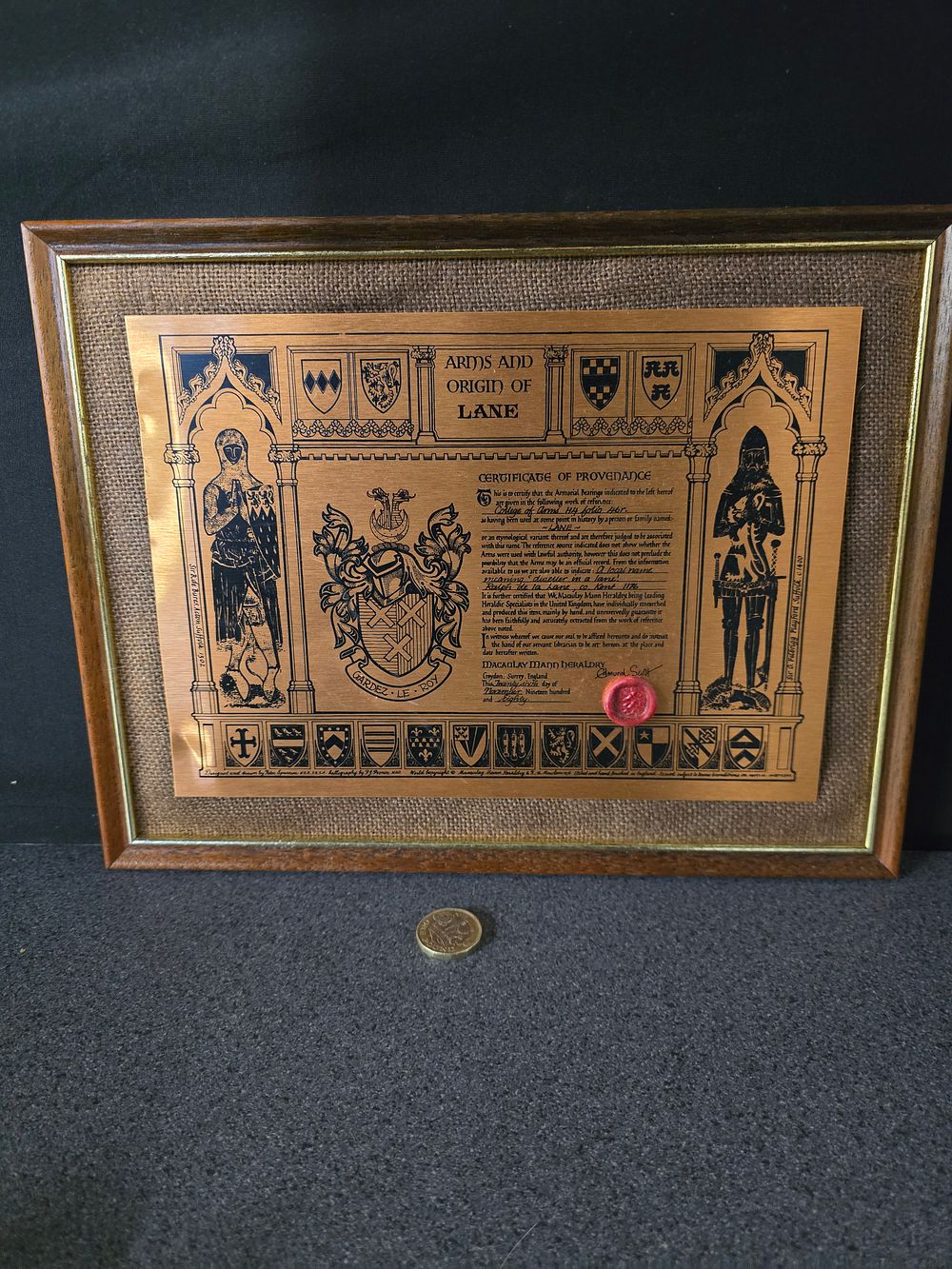Lot 388: Arms and origin of LANE copper mounted certificate