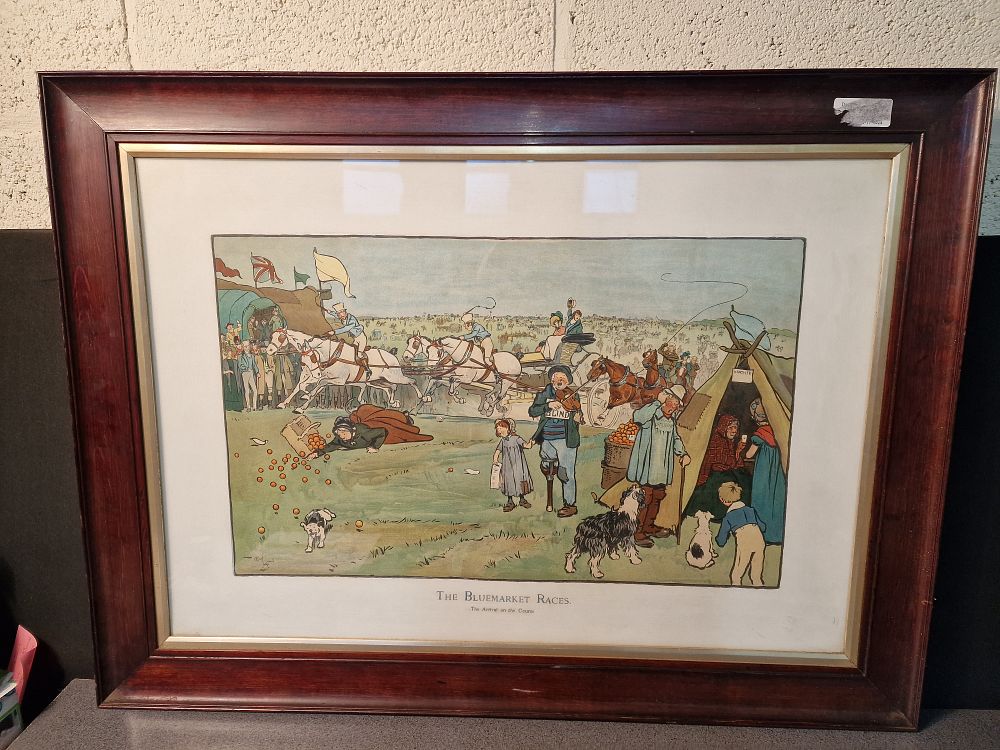 Lot 204: Framed Large Original Watercolour by Cecil Aldin 1901. The BlueMarket Races. The Arrival on the Course. Measures approx H 67.5 x W 90.5 cm