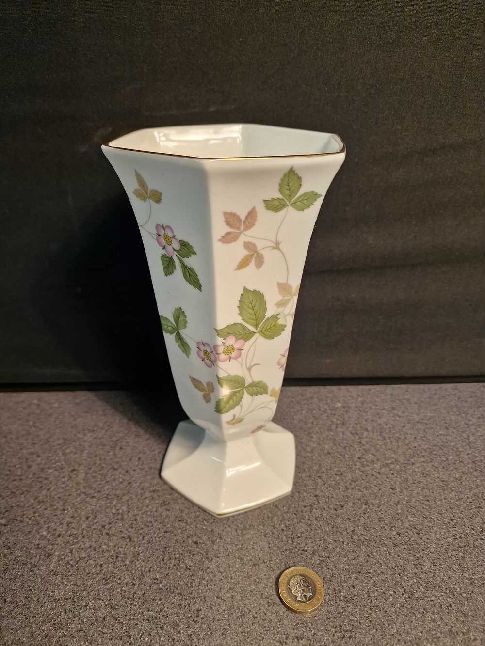 Lot 265: Vintage Wedgewood Bone China Vase. Wild Strawberry Design