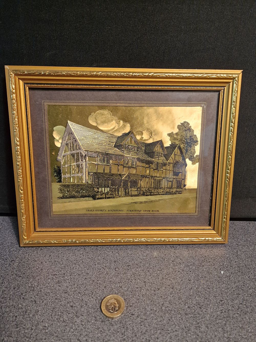 Lot 289: Vintage Framed Brass Foil Etching Approx 27x21cm Shakespeare's Birthplace Stratford-upon-Avon