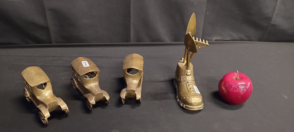 Lot 159: 3 brass vintage cars and a brass boot...