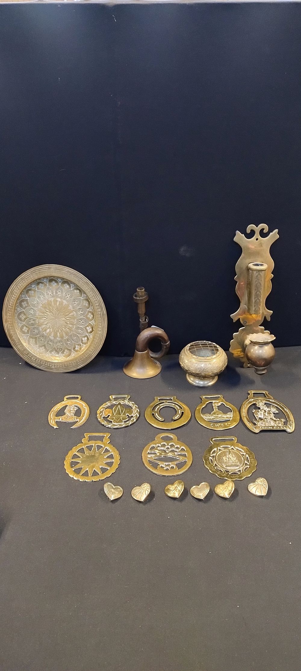 Lot 181: Various brasses including, plate wall sconce candle holder,...