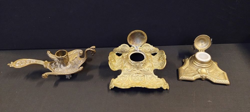 Lot 297: Selection of vintage Brass inkwells and a candle...
