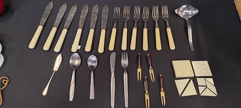 Lot 331: 4 Wood Handle brass cheese forks and cutlery...