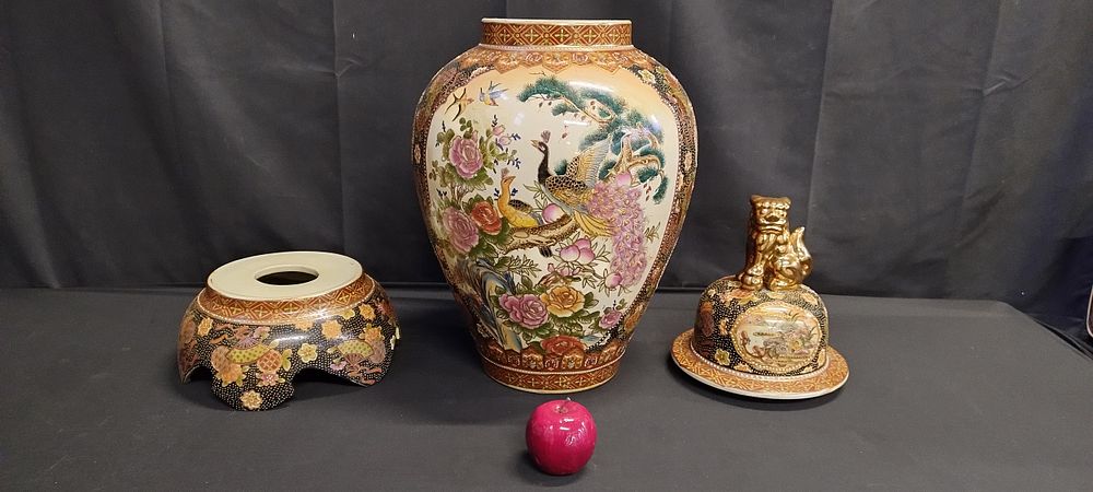 Lot 363: Large 3 piece satsuma ware vase with peacock...