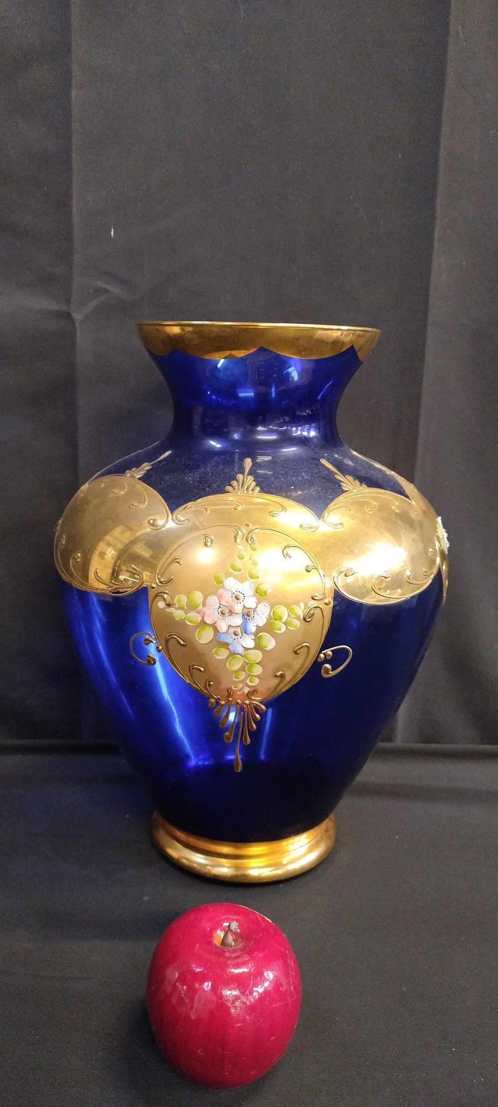 Lot 375: Large Bohemian cobalt blue glass vase with floral...