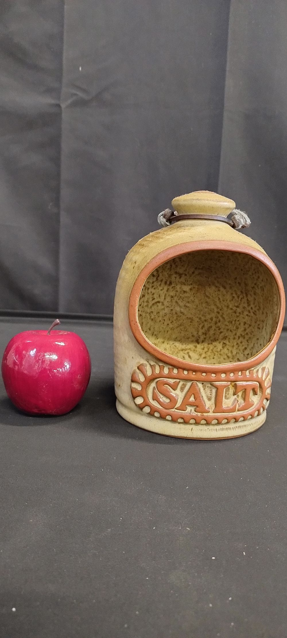 Lot 377: Vintage stoneware salt pot with leather strap