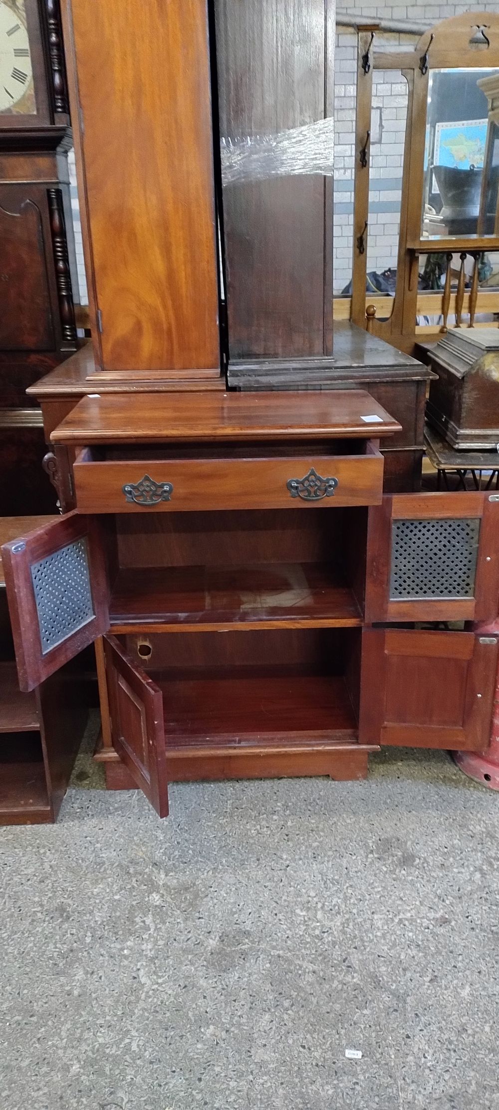 Lot 417: Dark wood Metal mesh fronted small sideboard. Measures...