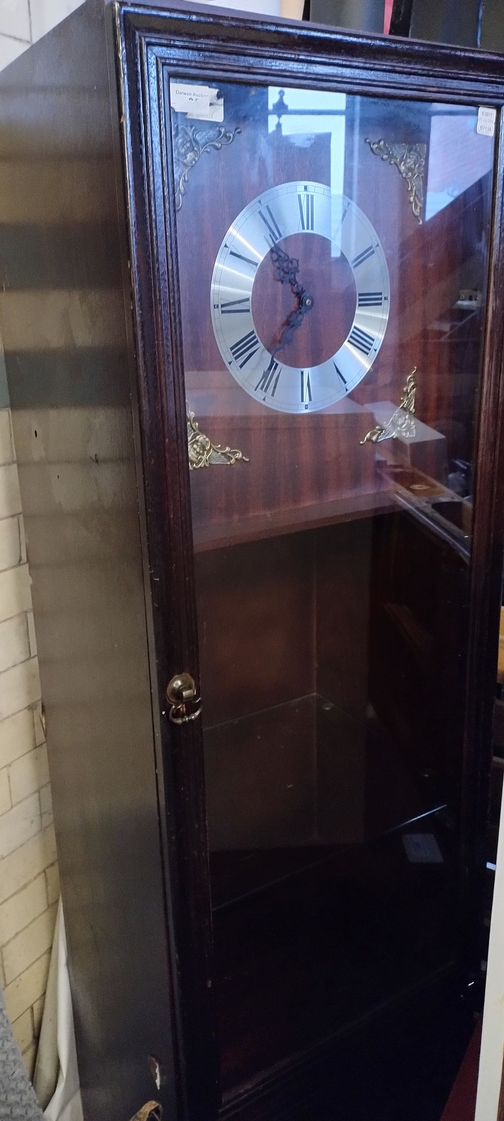 Lot 418: Dark Wood free standing clock with shelf and...