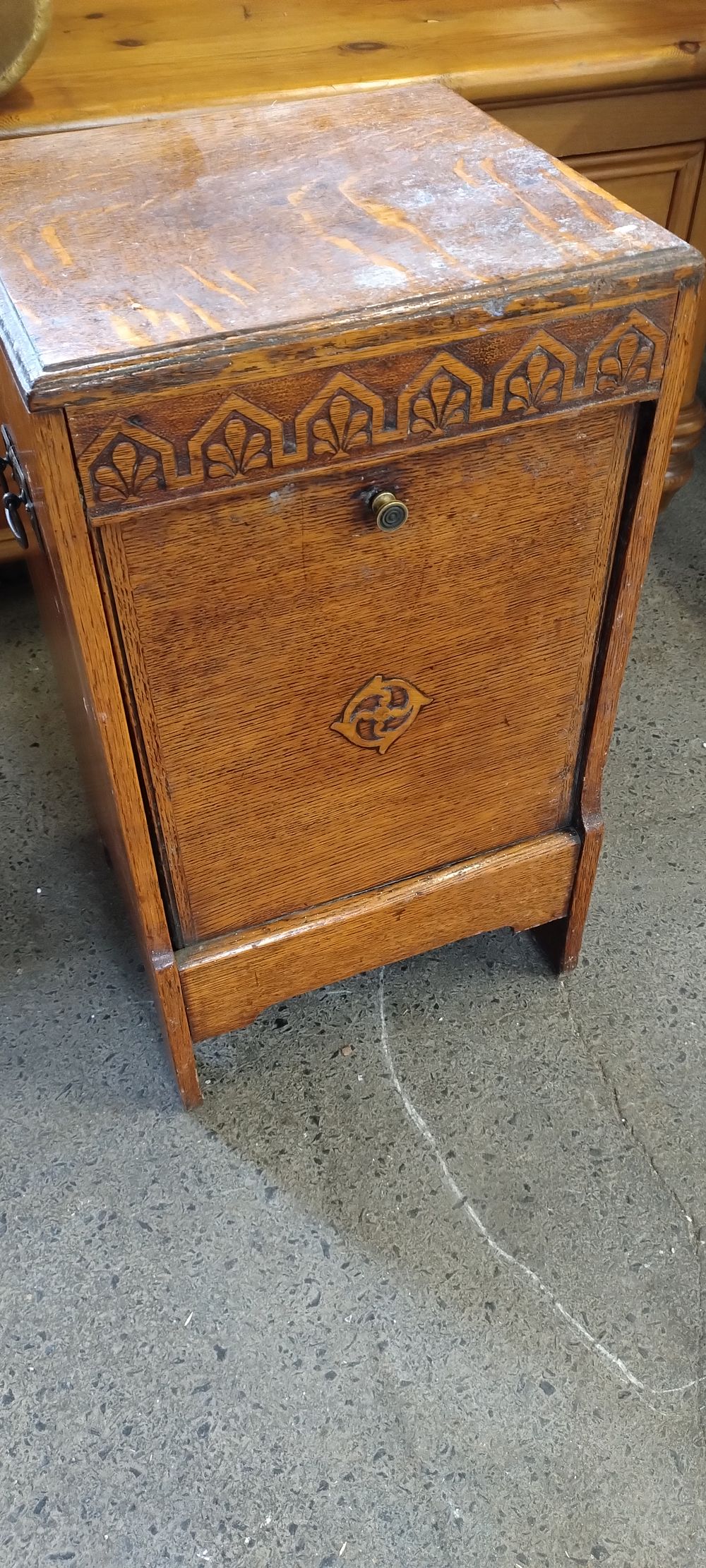 Lot 428: Vintage wooden marquetry coal shute store with inner....