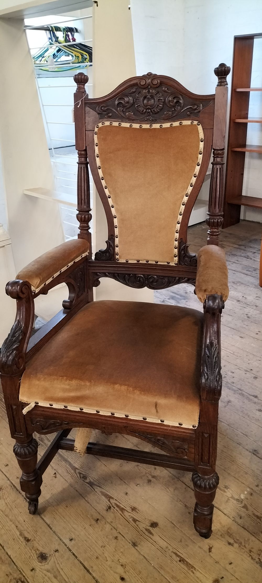 Lot 207: Early mid-century carver throne chair with velvet cushioning...