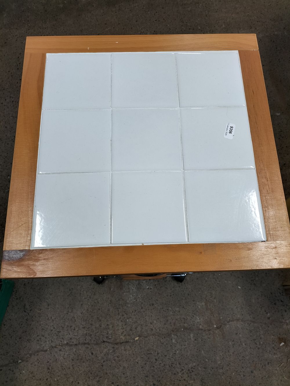 Lot 228: Tile top Wood and wire 4 tray and...