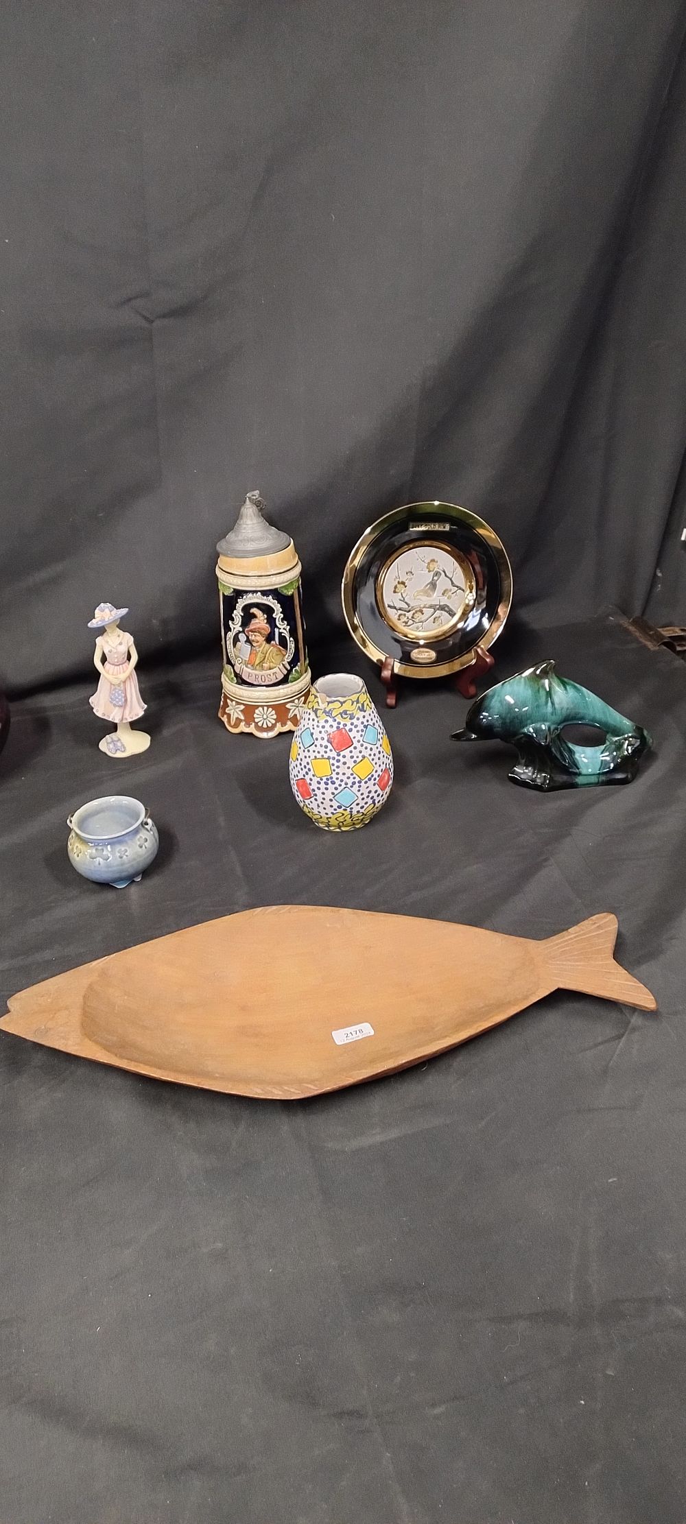 Lot 250: Mixed lot including wooden fish shaped bowl, green...