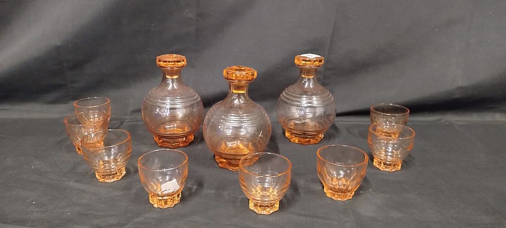 Lot 252: 1940's French art deco peach decanters and 8...
