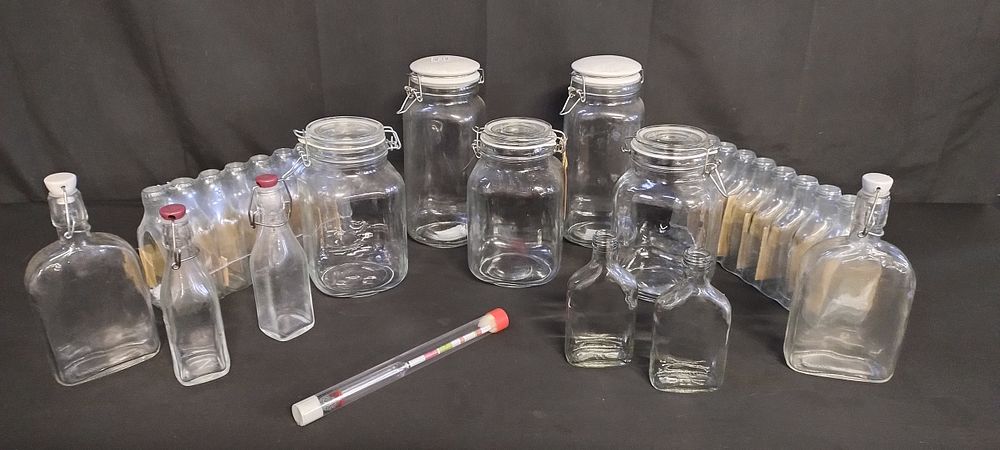 Lot 253: Various bottles, storage jars, and a alcohol hydrometer