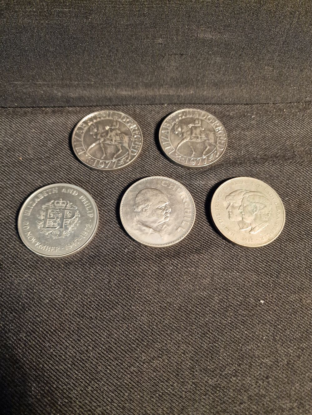Lot 211: x5 Crowns inc 1977, Churchill, Elizabeth and Philip 25 Year Wedding and Prince of Wales Wedding 1981