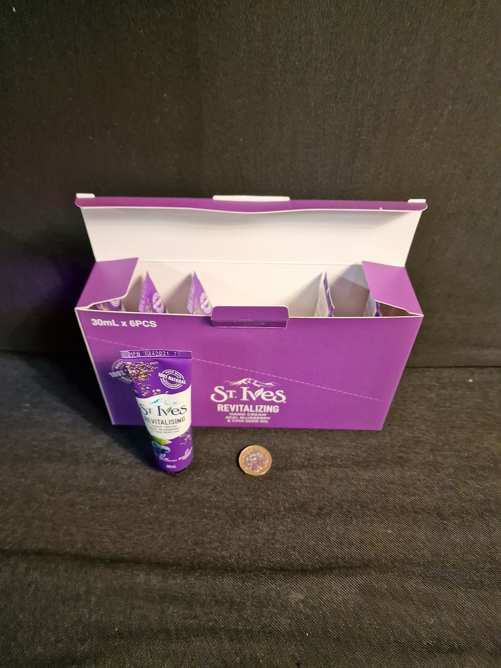 Lot 219: Box of 6 St Ives 30ml Revitalizing Hand Cream Acai, Blueberry & Chia Seed Oil