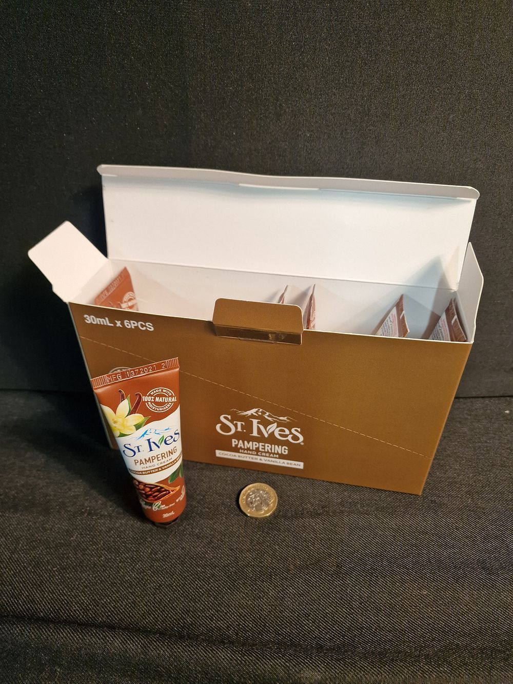 Lot 223: Box of 6 St Ives 30ml Pampering Hand Cream Cocoa Butter & Vanilla Bean