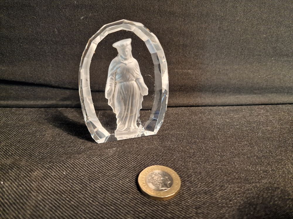 Lot 315: Etched Glass Religious Paperweight a/f